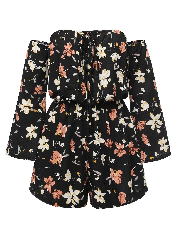 Black 1950s Off-Shoulder Floral Romper