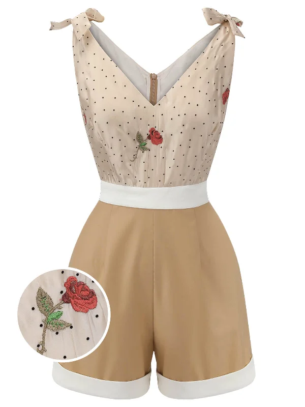 Khaki 1950s Embroidered Rose V-Neck Romper