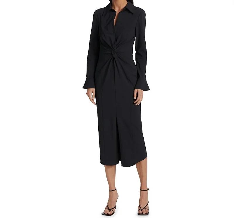 Mckenna Long Sleeves Collared Midi Dress In Black