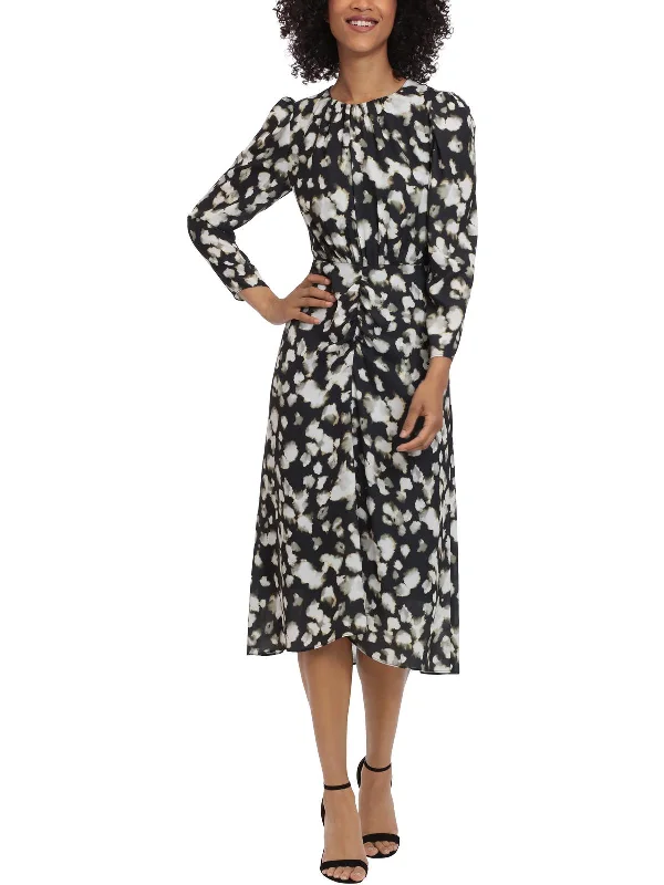 Womens Printed Ruched Midi Dress