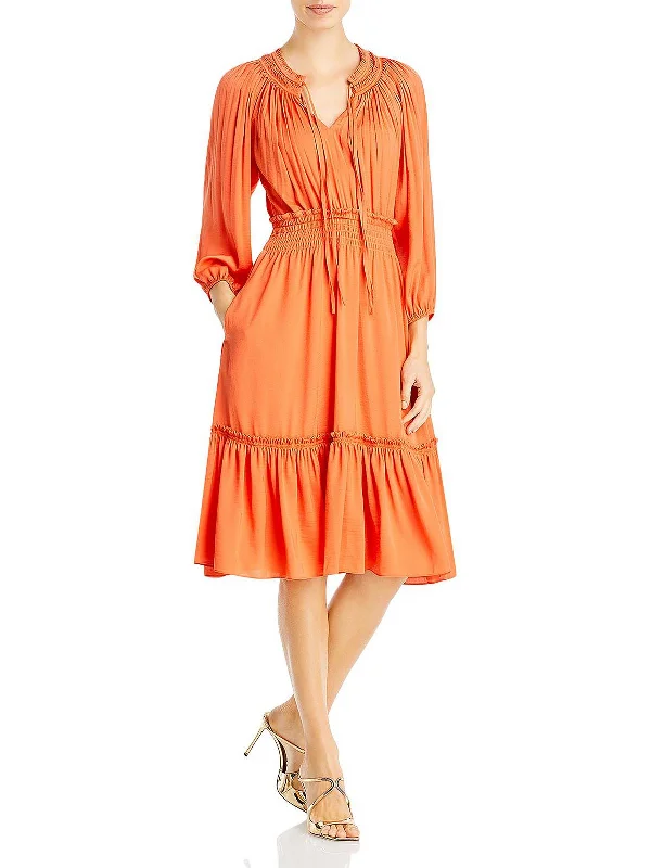 Womens Smocked Mid Calf Midi Dress