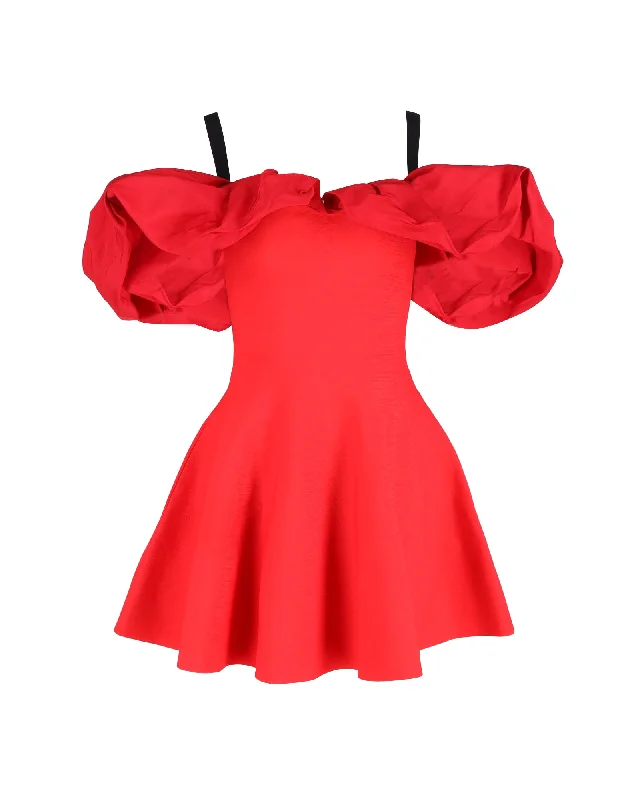 Alexander McQueen Cold-Shoulder Ruffled Mini Dress in Red Viscose