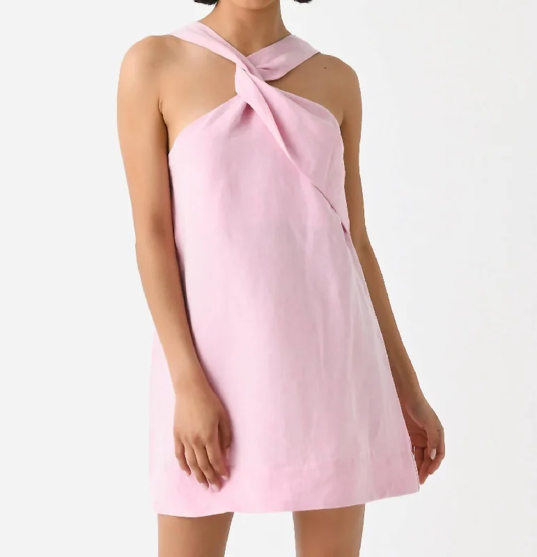 Asymmetric Twist Mini Shift Dress In Pink Viscose Linen