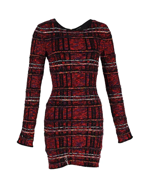 Balmain Checked Tweed Fringed Long Sleeve Mini Dress in Red Viscose