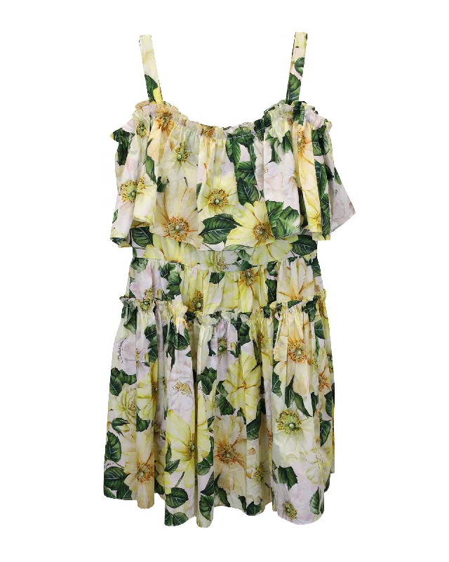 Dolce & Gabbana Floral Off-The-Shoulder Mini Dress in Yellow Print Cotton