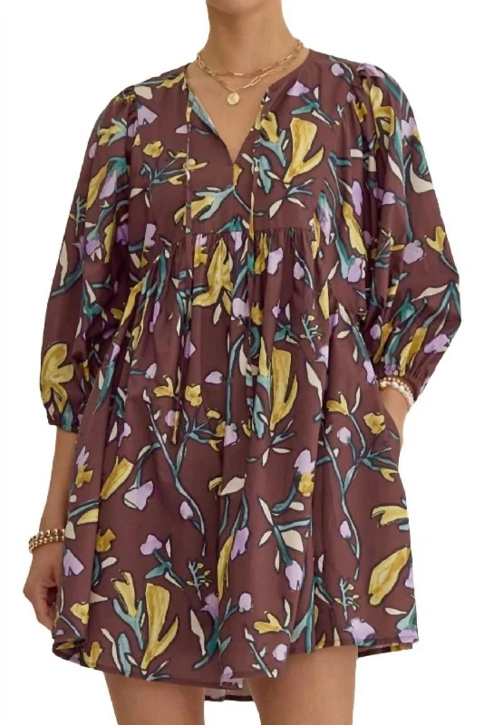 Floral Half Sleeve Mini Dress In Espresso Print