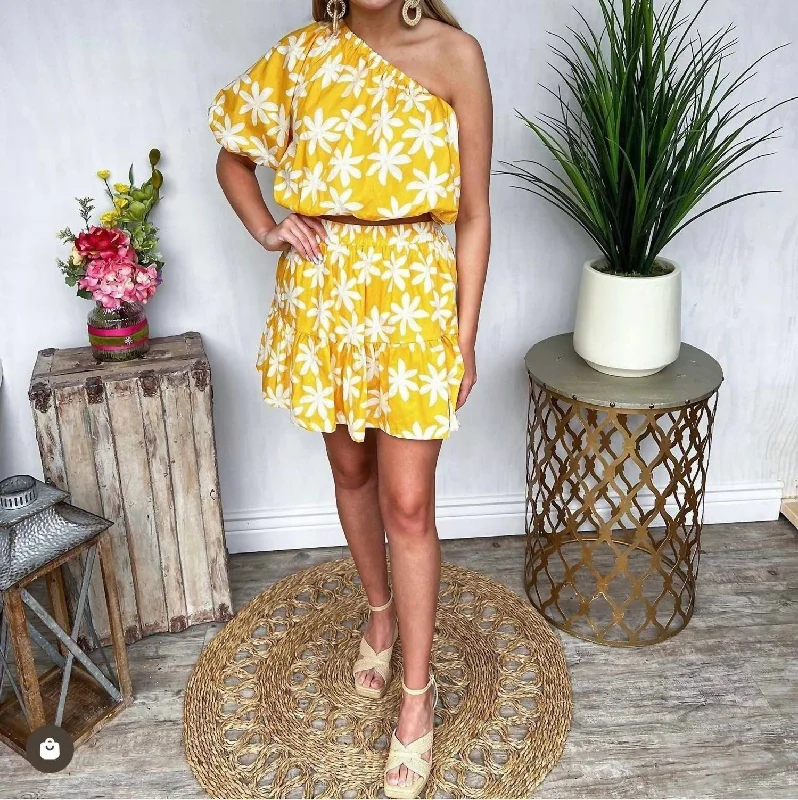 Floral One Shoulder Top And Skirt Set In Yellow Plumeria