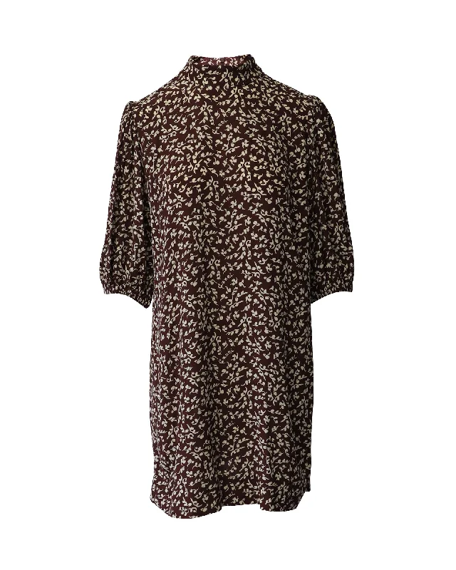 Ganni Foliage-Print Mini Shirt Dress in Brown Print Viscose