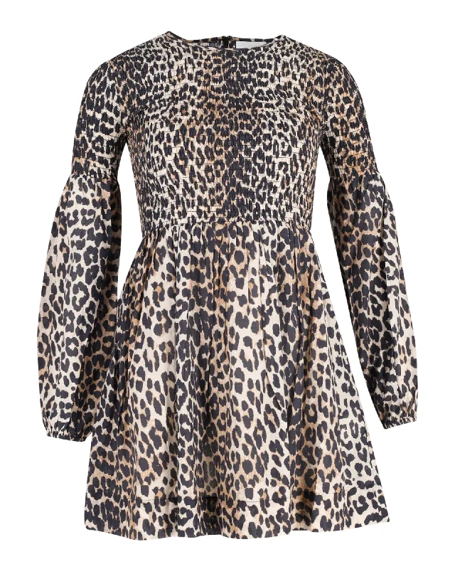 Ganni Shirred Mini Dress in Animal Print Cotton