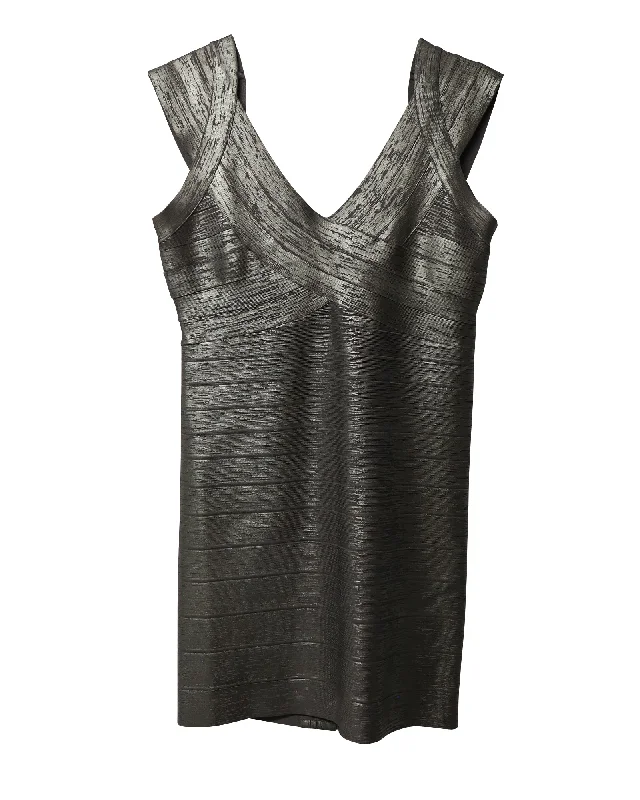 Herve Leger Criss Cross Foil Mini Dress in Silver Rayon