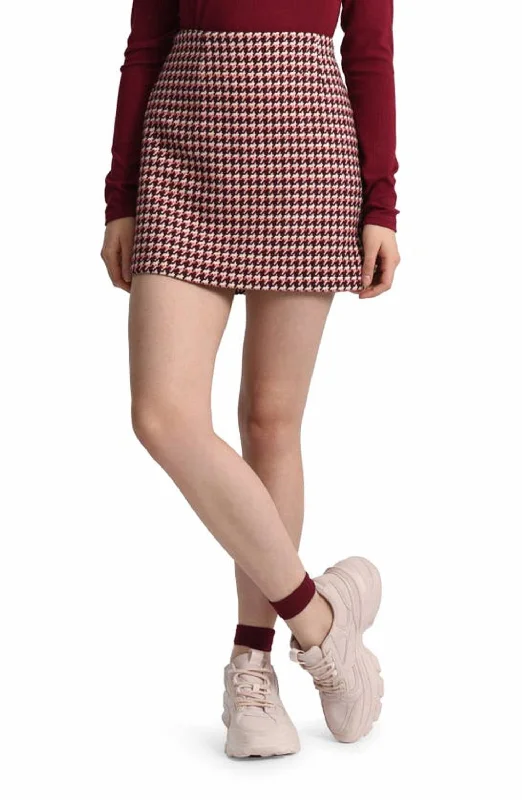 Houndstooth Mini Skirt In Dark Red