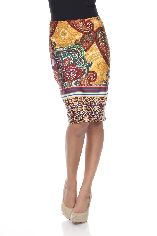 Printed Pencil Skirt In Mustard Brown