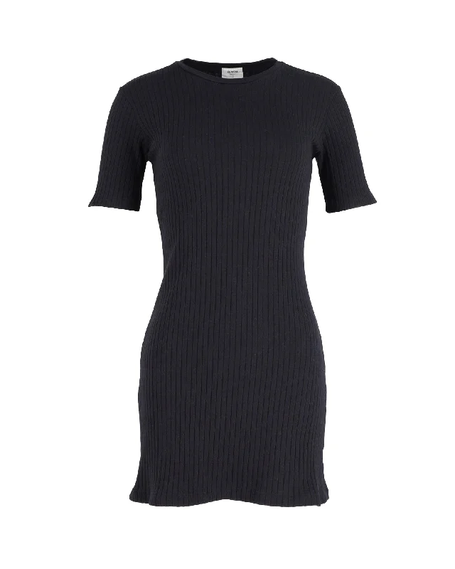 Re/Done Ribbed Knit Fitted Mini Dress in Black Cotton