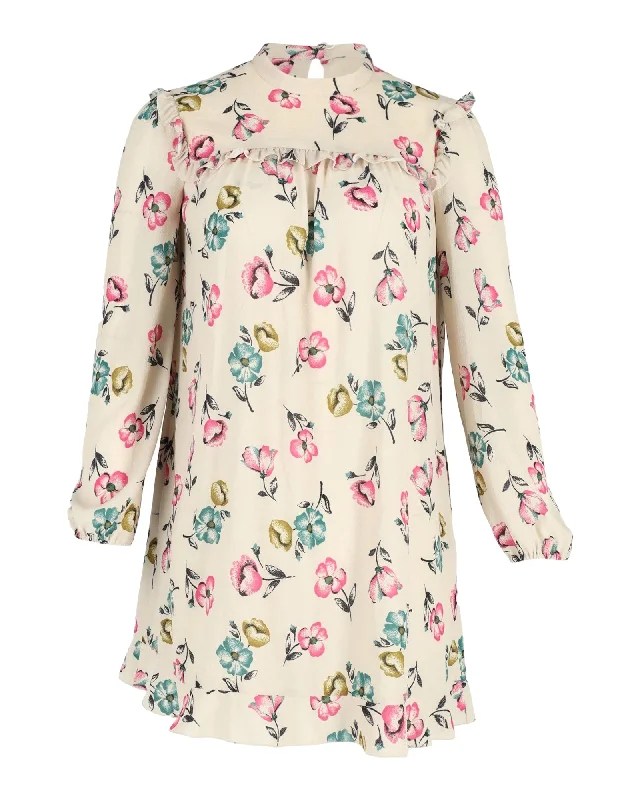 Red Valentino Floral Ruffled Mini Dress in Beige Cotton