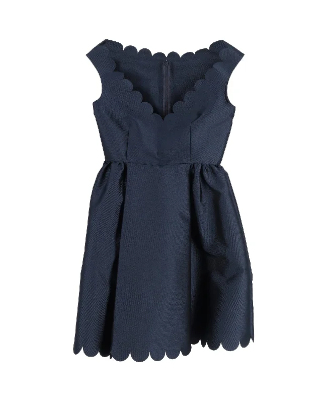 RED Valentino Garavani Sleeveless Scalloped V-Neck Mini Dress in Navy Blue Polyester