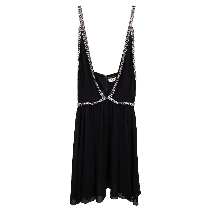 Saint Laurent Embellished Mini V-Neck Dress in Black Chiffon