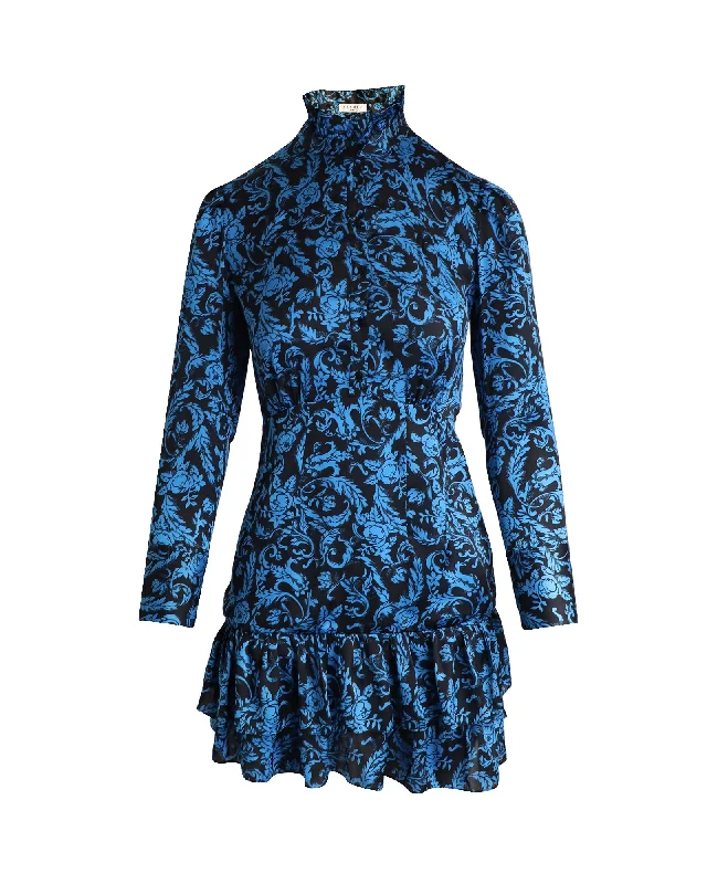 Sandro Alna Tiered Botanical-Print Mini Dress in Blue Polyester