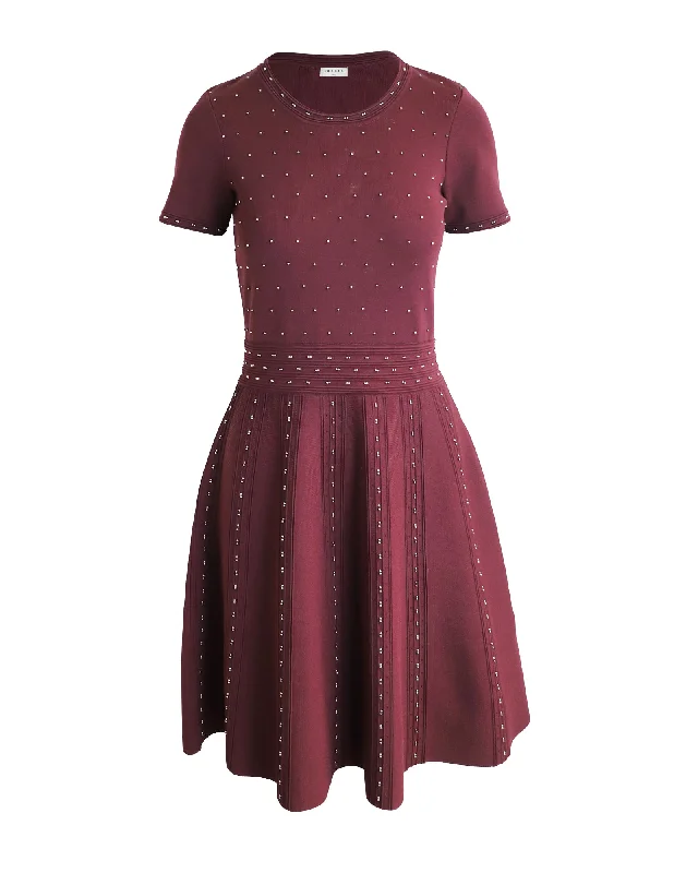 Sandro Flared Skirt Embellished Mini Dress in Burgundy Viscose