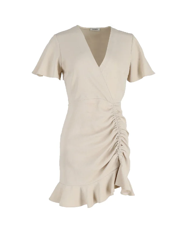 Sandro Gathered Mini Dress in Beige Polyester