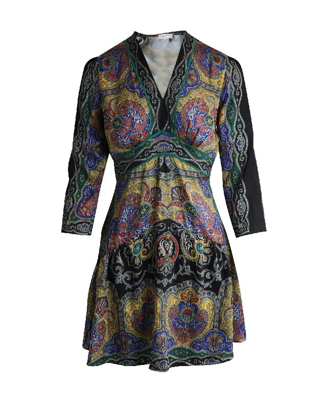 Sandro Rayan V-Neck Printed Mini Dress in Multicolor Polyester