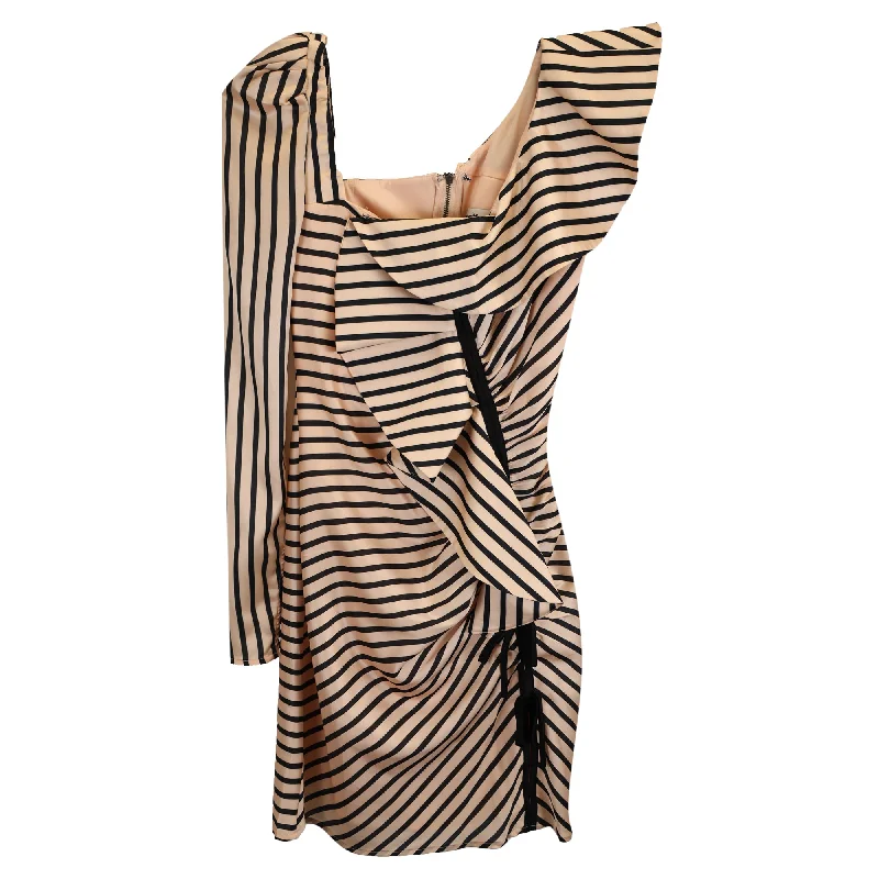 Self Portrait Striped One-Shoulder Mini Dress in Cream Polyester