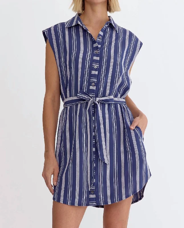 Sleeveless Belted Mini Dress In Navy