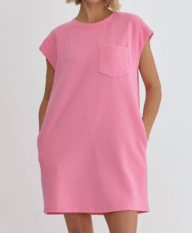 Textured Round Neck Mini Dress In Bubble Gum