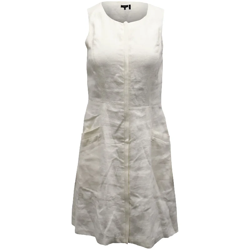 Theory Pleated Side Pockets Sleeveless Mini Dress in White Linen