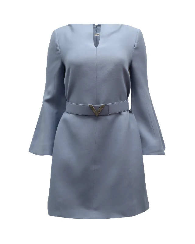 Valentino Crystal-embellished Belted Mini Dress in Light Blue Wool