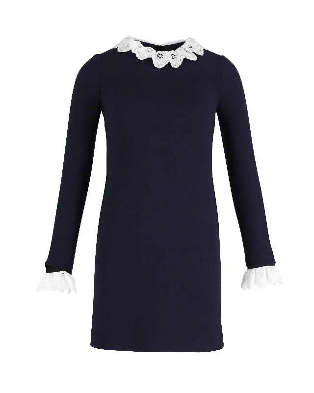 Victoria Beckham Broderie Anglaise-trimmed Mini Shift Dress in Navy Blue Wool