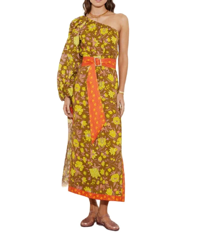 Alvita One Shoulder Maxi With Belt In Olive Vine