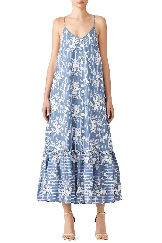 Bloom Embroidery Maxi Dress In Blue