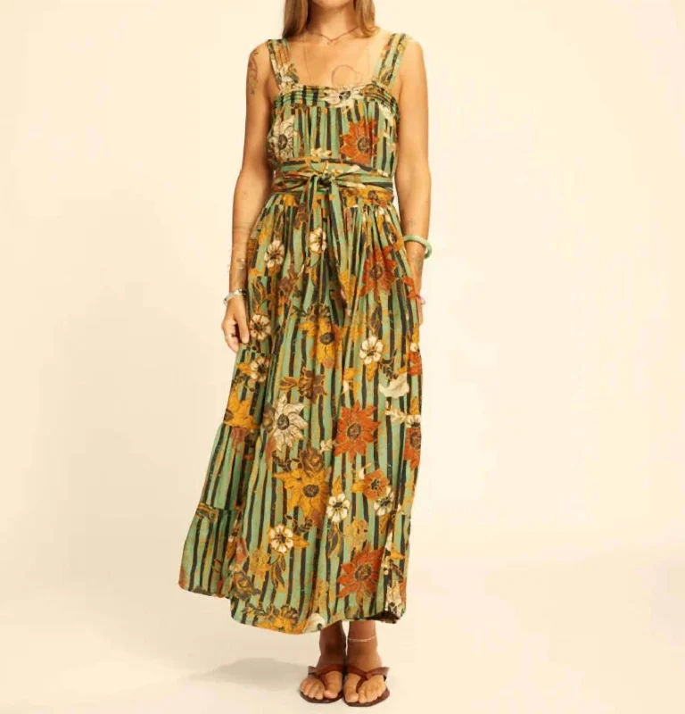 Jasmine Maxi Dress With Sash In Sunflower Stripe Print/moss Green