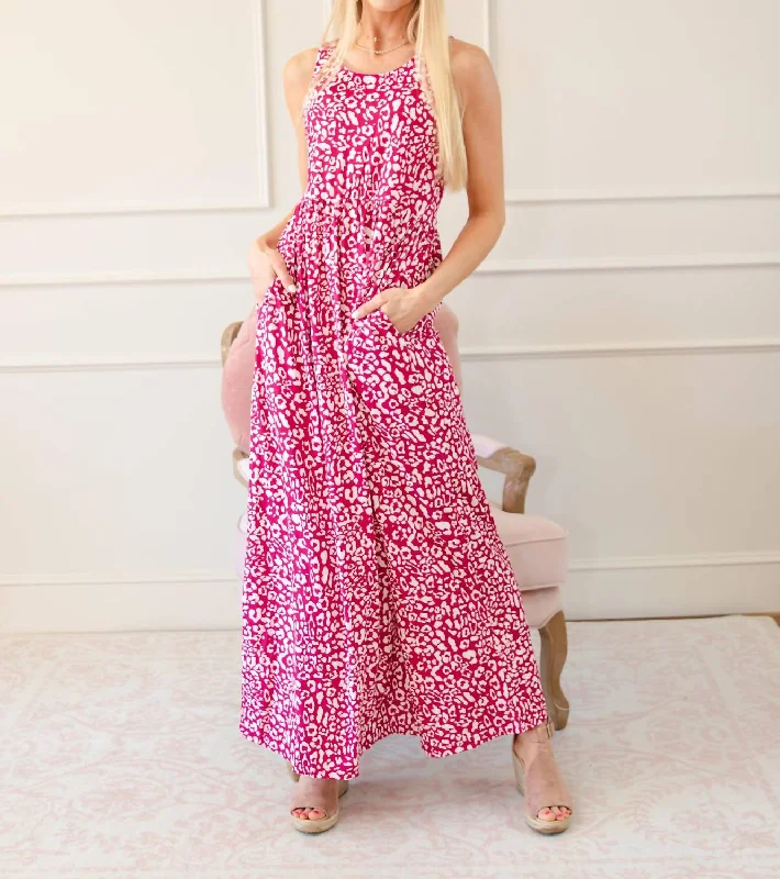 Leopard Pattern Pocketed Sleeveless Maxi Dress In Rose