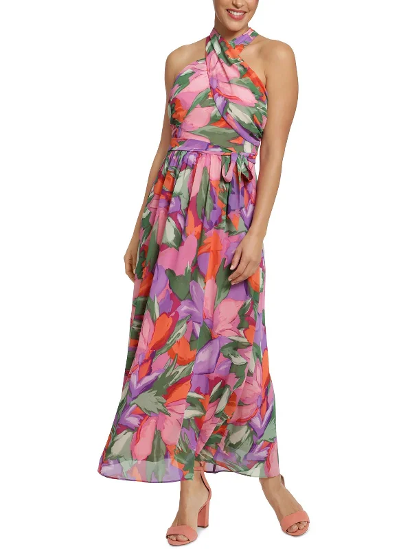 Petites Womens Printed Chiffon Maxi Dress