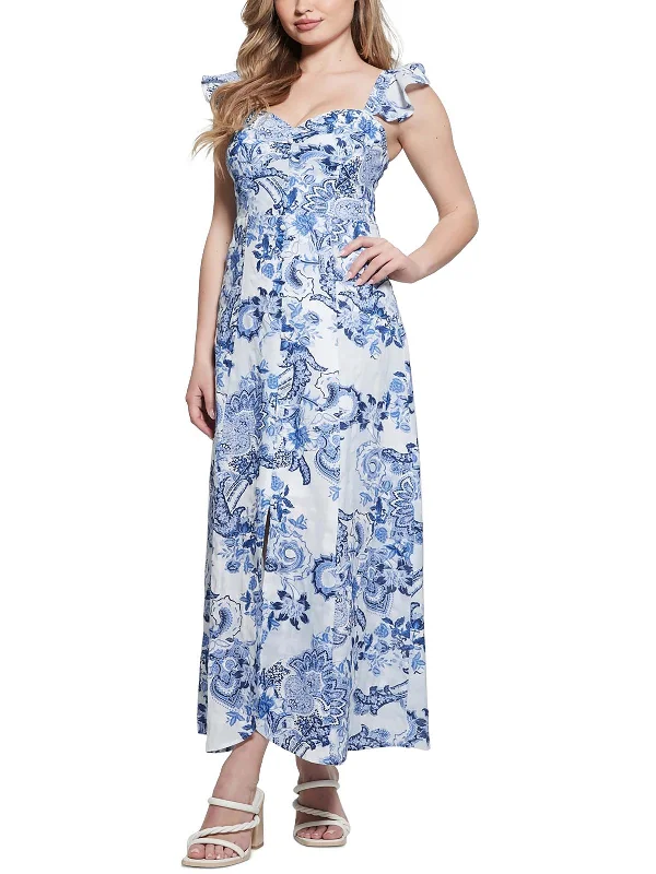 Rose Womens Floral Print Linen Maxi Dress