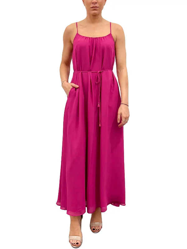 Womens Belted Chiffon Maxi Dress