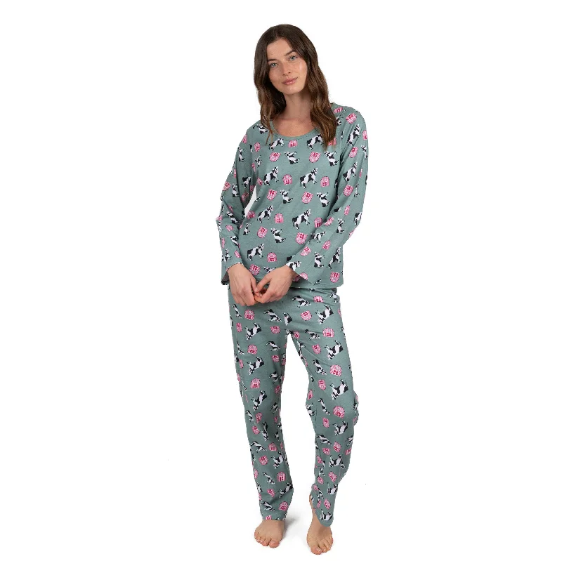 Womens Two Piece Cotton Loose Fit Pajamas Cow Green